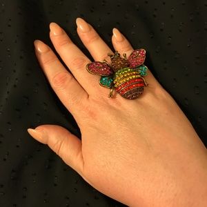 Rainbow rhinestone bee statement ring